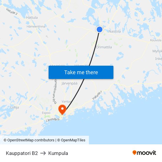 Kauppatori B2 to Kumpula map