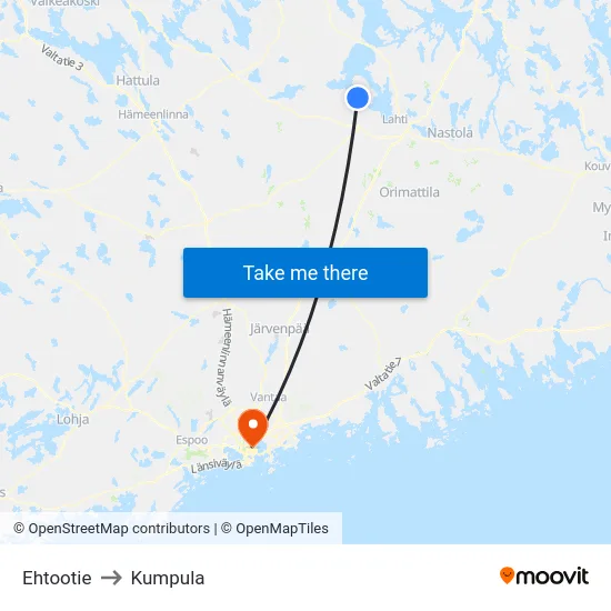 Ehtootie to Kumpula map