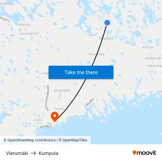 Vierumäki to Kumpula map