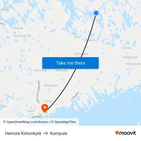 Heinola Kirkonkylä to Kumpula map