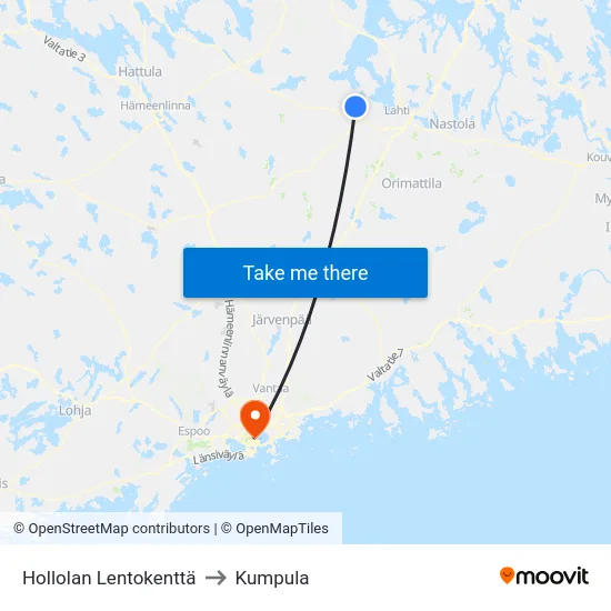 Hollolan Lentokenttä to Kumpula map