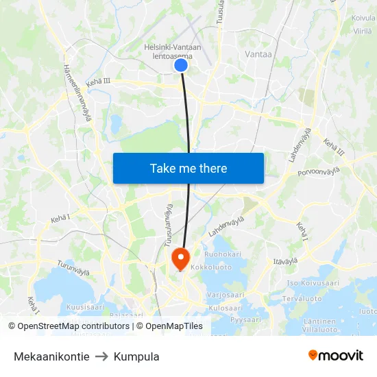 Mekaanikontie to Kumpula map
