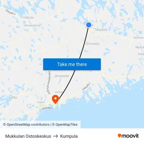 Mukkulan Ostoskeskus to Kumpula map