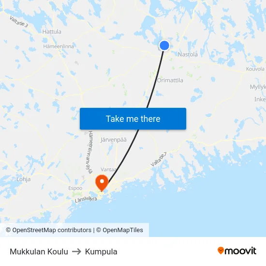 Mukkulan Koulu to Kumpula map