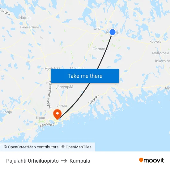 Pajulahti Urheiluopisto to Kumpula map