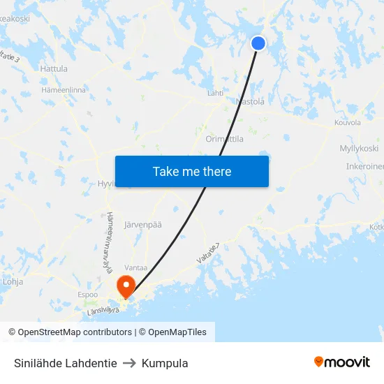 Sinilähde Lahdentie to Kumpula map