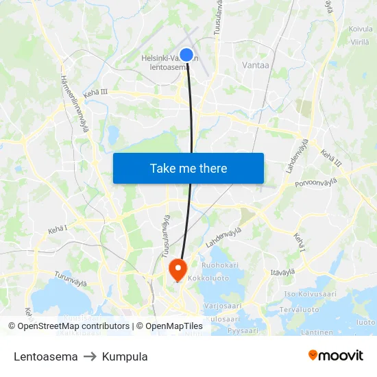 Lentoasema to Kumpula map
