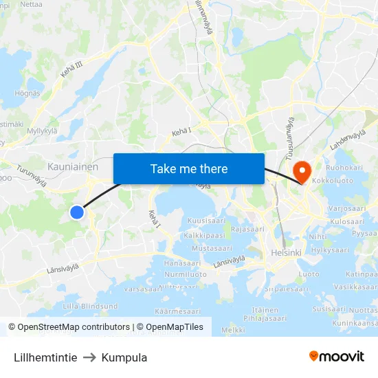 Lillhemt Road to Kumpula map
