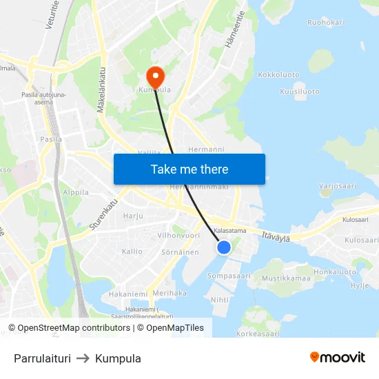 Parrulaituri to Kumpula map