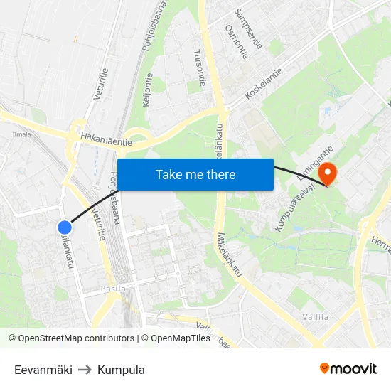 Eevanmäki to Kumpula map