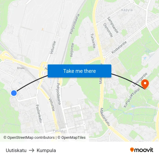 Uutiskatu to Kumpula map