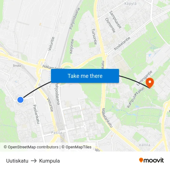 Uutiskatu to Kumpula map