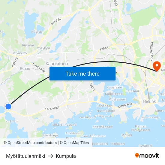 Myotatuulenmaki to Kumpula map