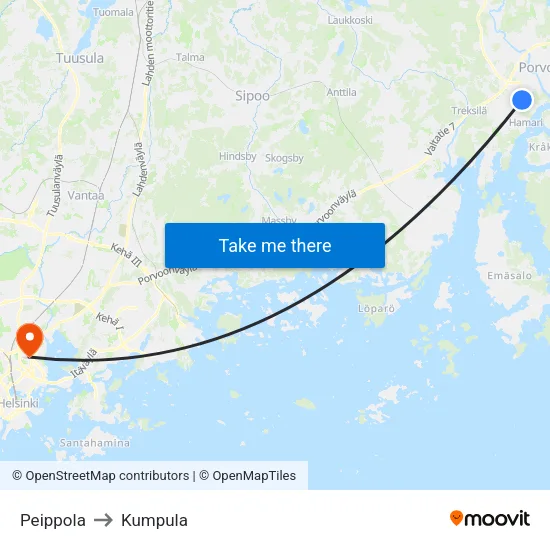 Peippola to Kumpula map