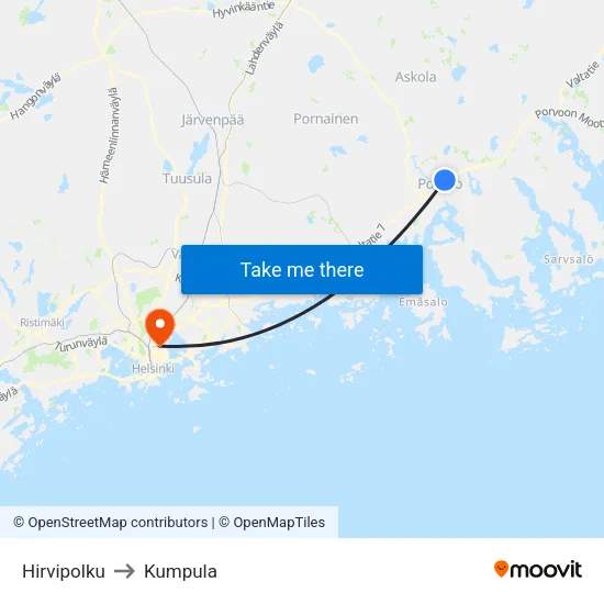 Hirvipolku to Kumpula map