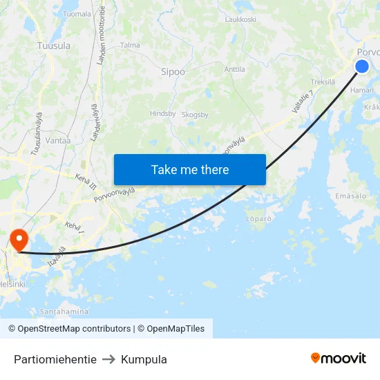 Partiomiehentie to Kumpula map