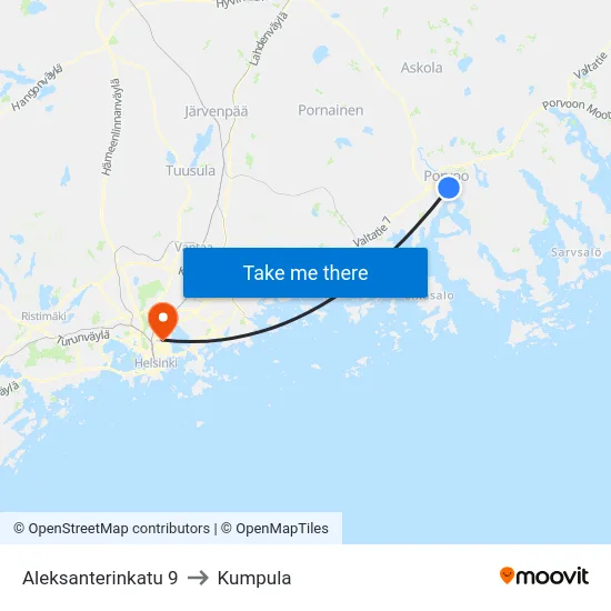 Aleksanterinkatu 9 to Kumpula map