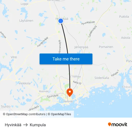 Hyvinkaa to Kumpula map