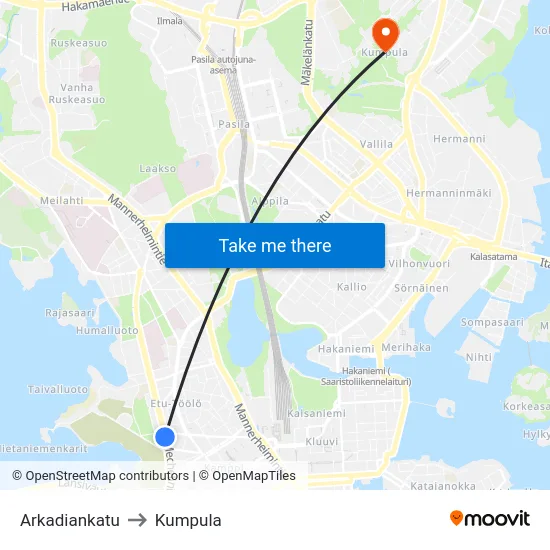 Arkadiankatu to Kumpula map