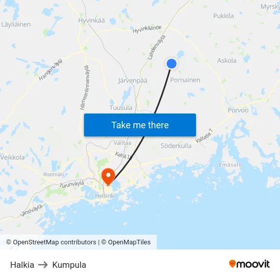 Halkia to Kumpula map