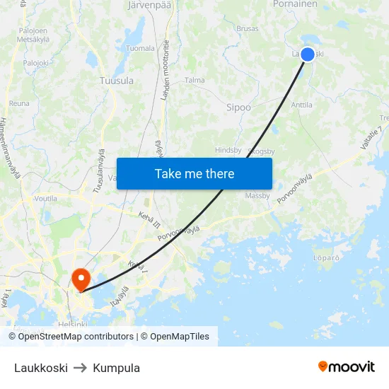 Laukkoski to Kumpula map