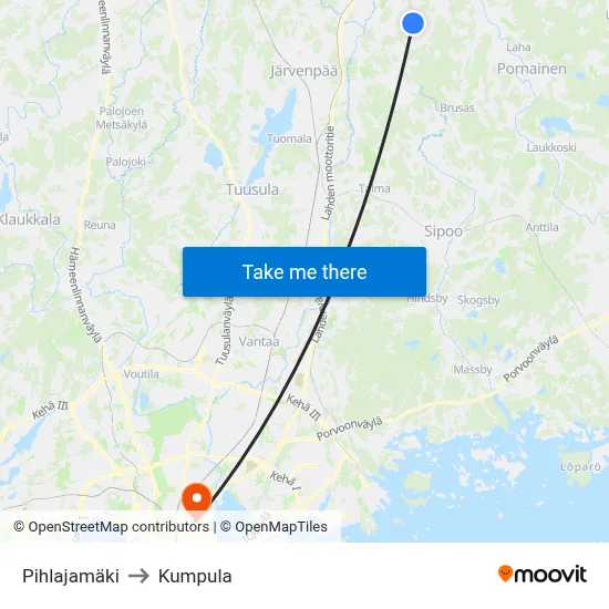 Pihlajamäki to Kumpula map