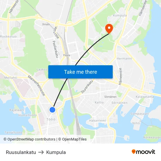 Rose Street to Kumpula map