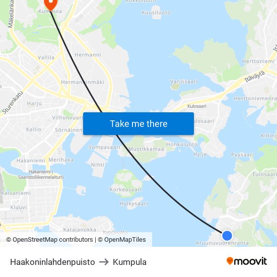 Haakoninlahdenpuisto to Kumpula map