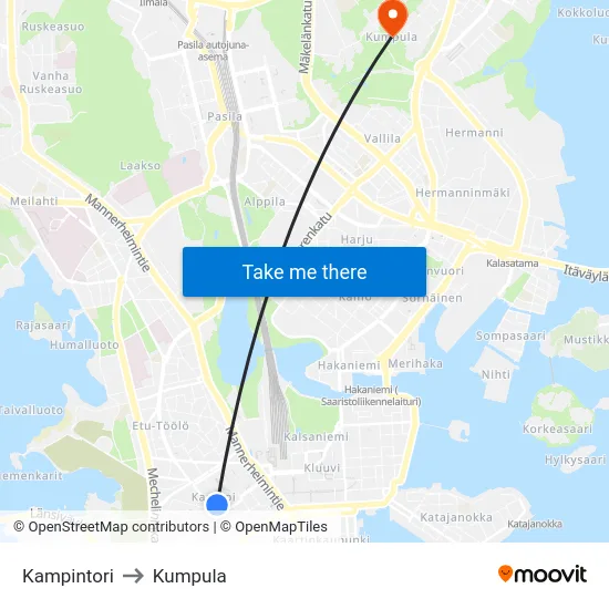 Kampintori to Kumpula map