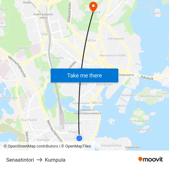 Senaatintori to Kumpula map
