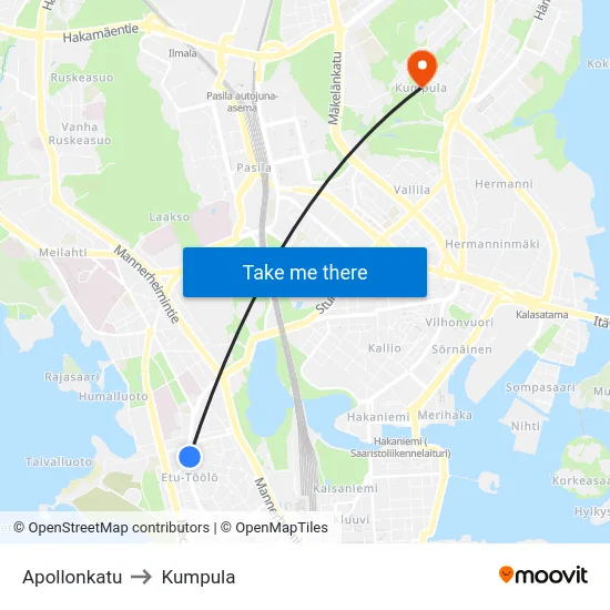 Apollonkatu to Kumpula map