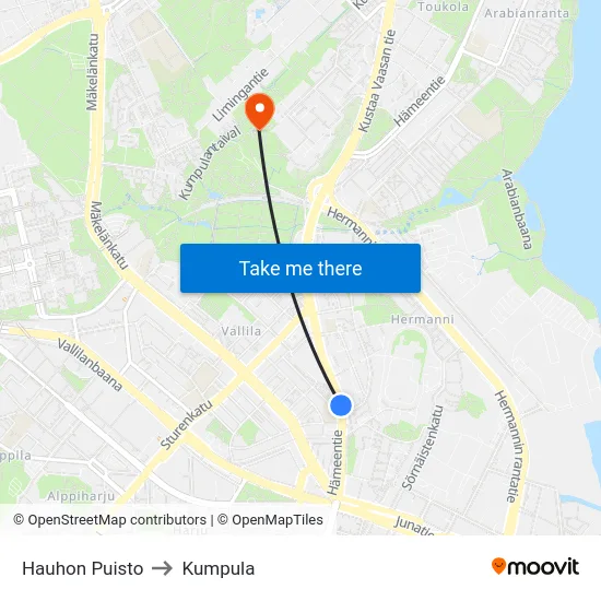 Hauhon Puisto to Kumpula map