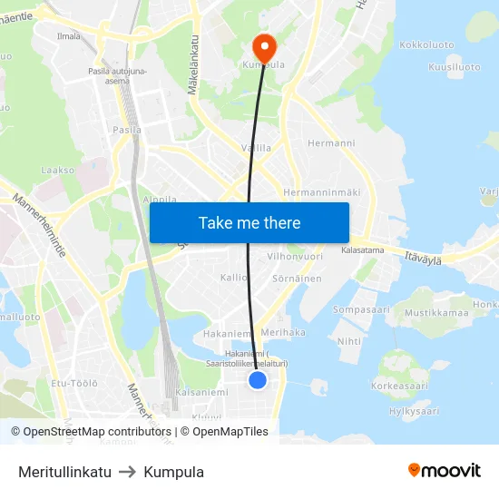 Meritullinkatu to Kumpula map