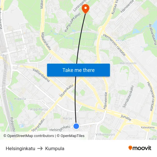 Helsinginkatu to Kumpula map