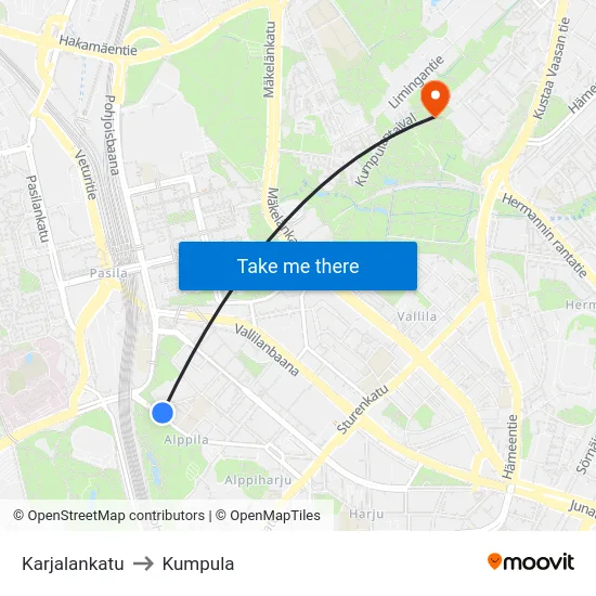 Karjalankatu to Kumpula map