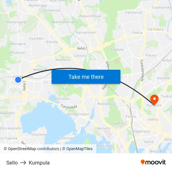 Sello to Kumpula map