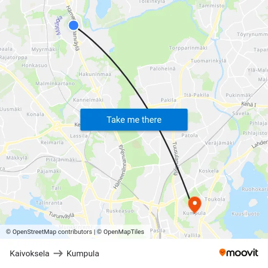 Kaivoksela to Kumpula map