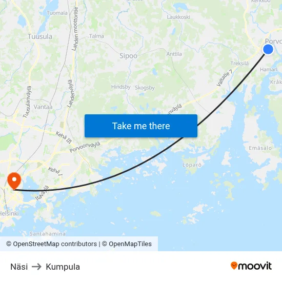 Näsi to Kumpula map