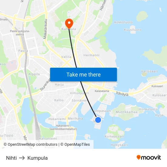 Nihti to Kumpula map