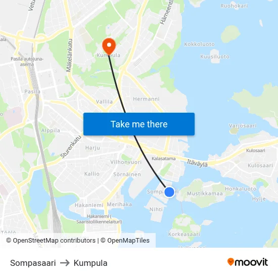 Sompasaari to Kumpula map