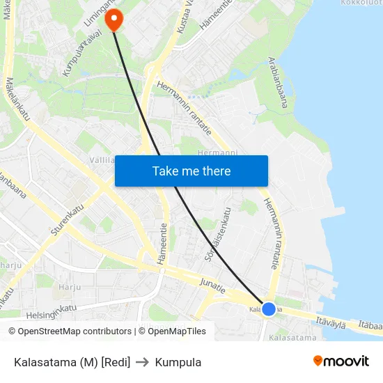 Kalasatama (M) [Redi] to Kumpula map