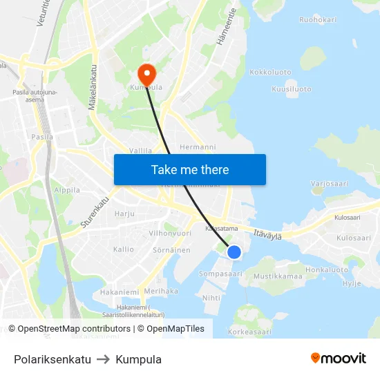 Polariksenkatu to Kumpula map