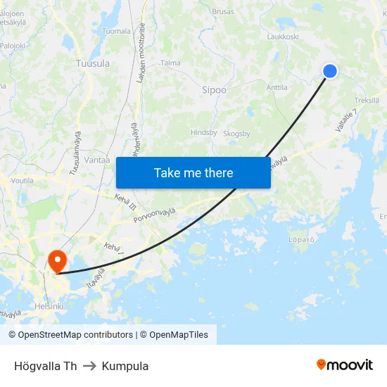 Högvalla Junction to Kumpula map