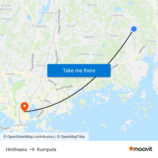 Hinthaara to Kumpula map