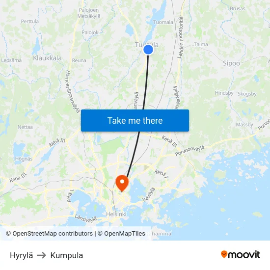 Hyrylä to Kumpula map