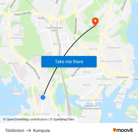 Töölöntori to Kumpula map