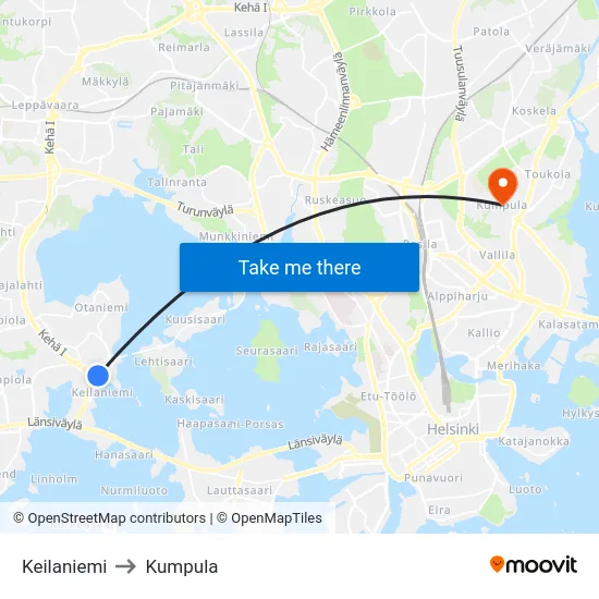 Keilaniemi to Kumpula map