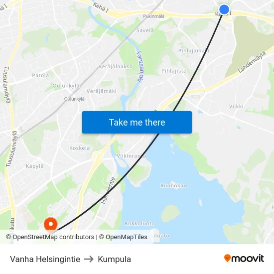 Vanha Helsingintie to Kumpula map