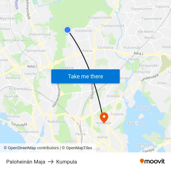 Paloheinän Maja to Kumpula map