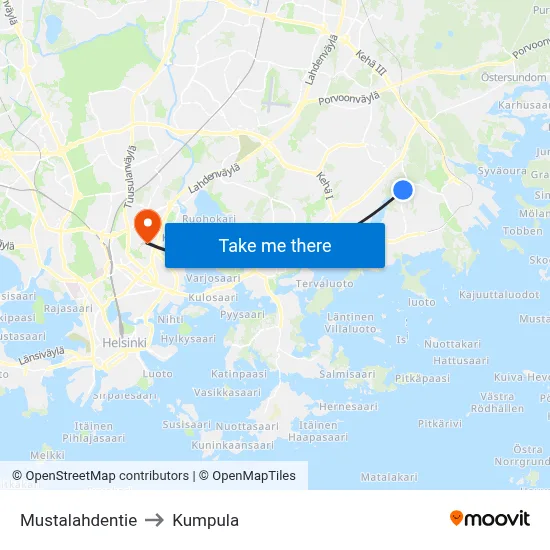Mustalahdentie to Kumpula map